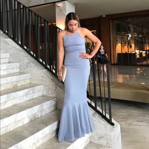 Dusky Blue Cross Back Fishtail Maxi Dress